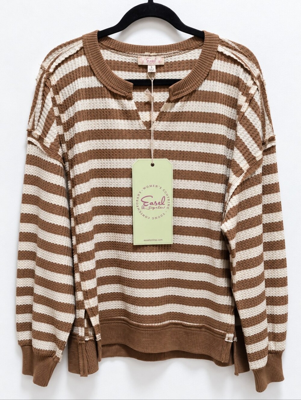 Easel Sage Label Brown & Cream Striped Waffle Knit Top Size Small Oversized NWT